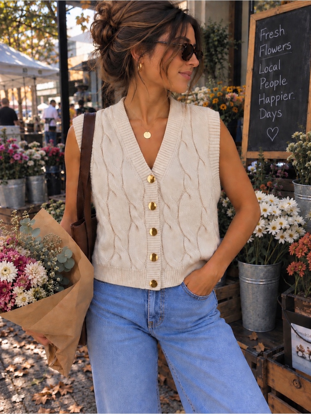 A New Day Cable Knit Sweater Vest Button Front Cream Beige Large L